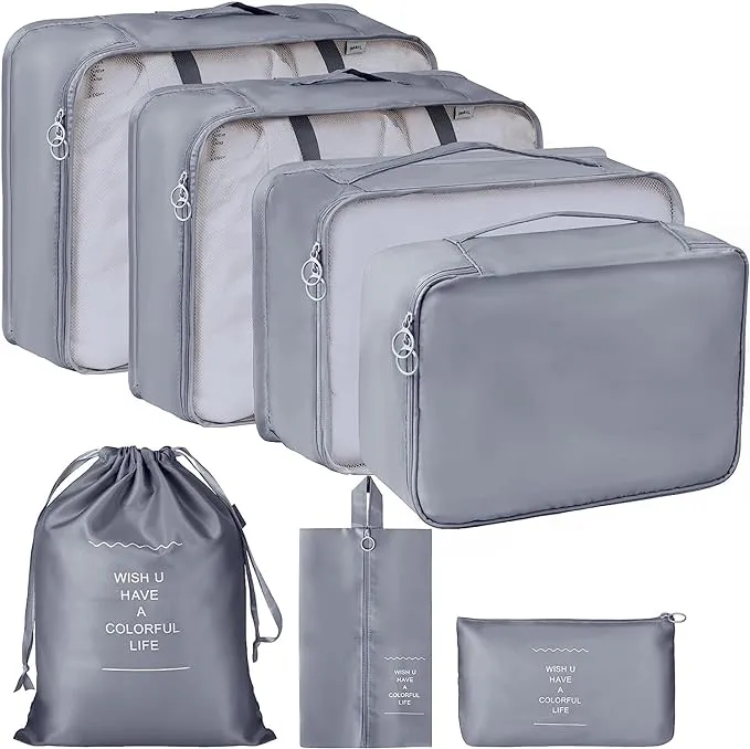 PETRICE Travel Organizer 7 in 1 Travel Laundry Cosmetics Luggage Packing Organizers Set Makeup Bags Organizer Packing Cubes with Shoe Bag for travel (Grey, Nylon)