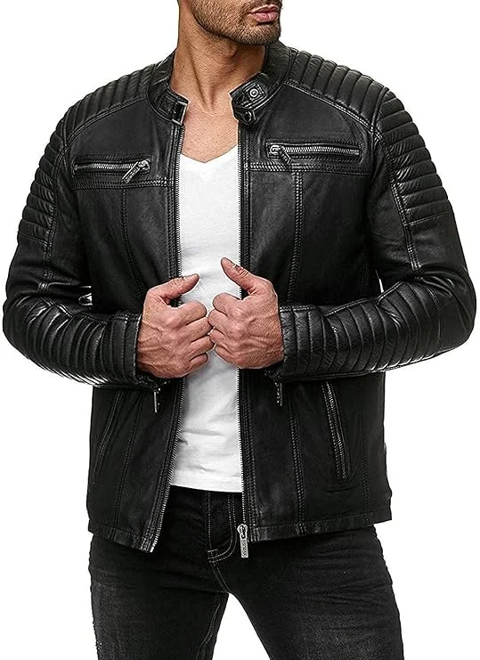 Pomo-Z Men’s Casual Stylish Premium PU Leather Zip-Up Motorcycle Biker Bomber Jacket